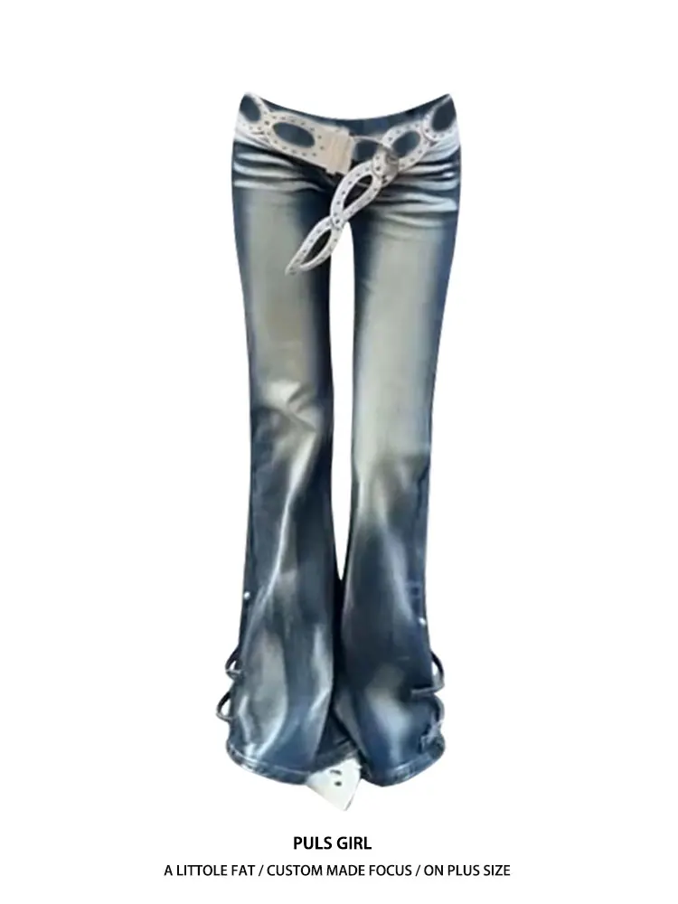 

Low Waist Bell Bottom Denim Jeans Women's plus Size American Style Washed out Casual Trousers Design Sensation Floor Length