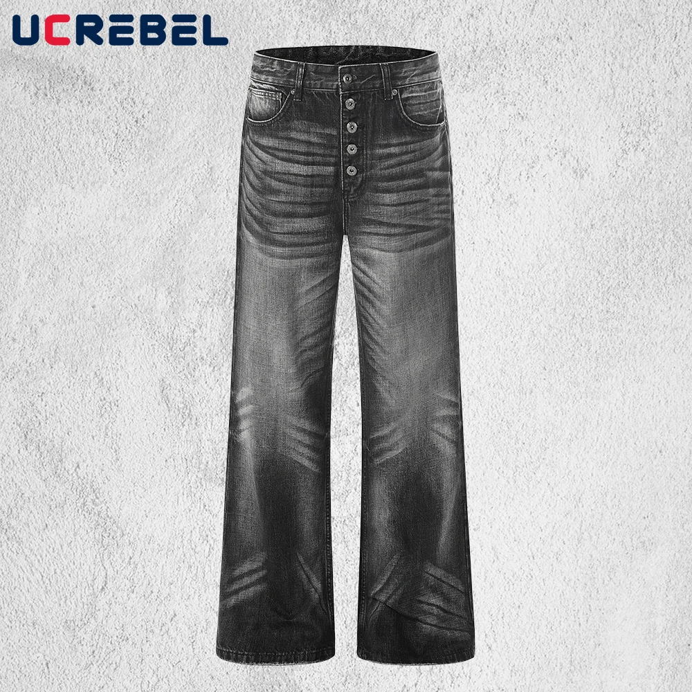Single Breasted Whisker Jeans Mens Washed Distressed Baggy Casual Denim Pants Man