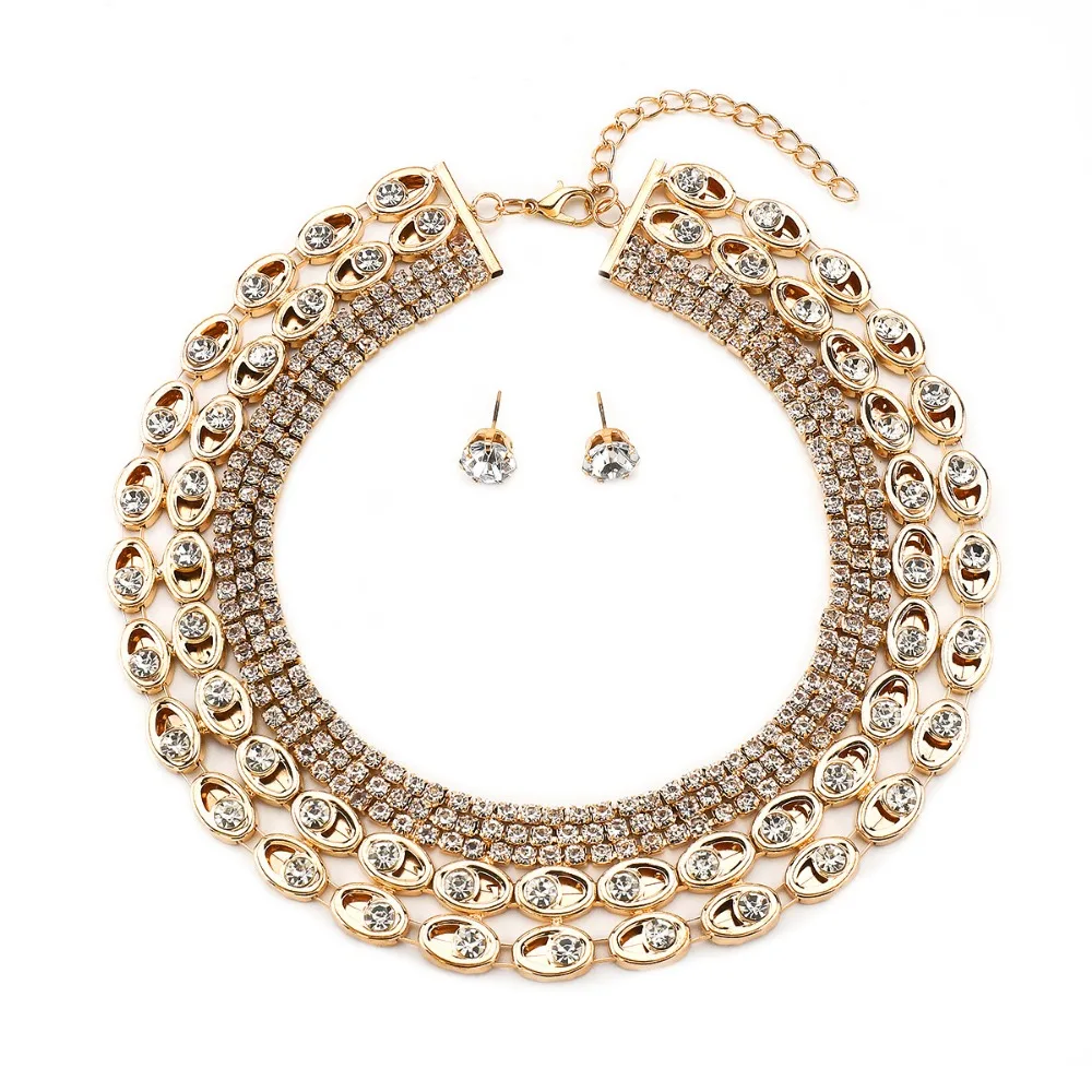 

Rhinestone Necklace Earring Set Exquisite Imitation Pearl Multi-layer Jewelry Set Temperament Exaggeration Clavicle Chain
