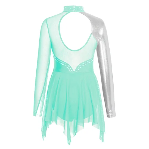 Imagen 2 del producto Vestido de patinaje artístico con diamantes de imitación brillantes para niñas, manga larga, empalme metálico, leotardo de gimnasia, Ropa de baile de rendimiento, niños