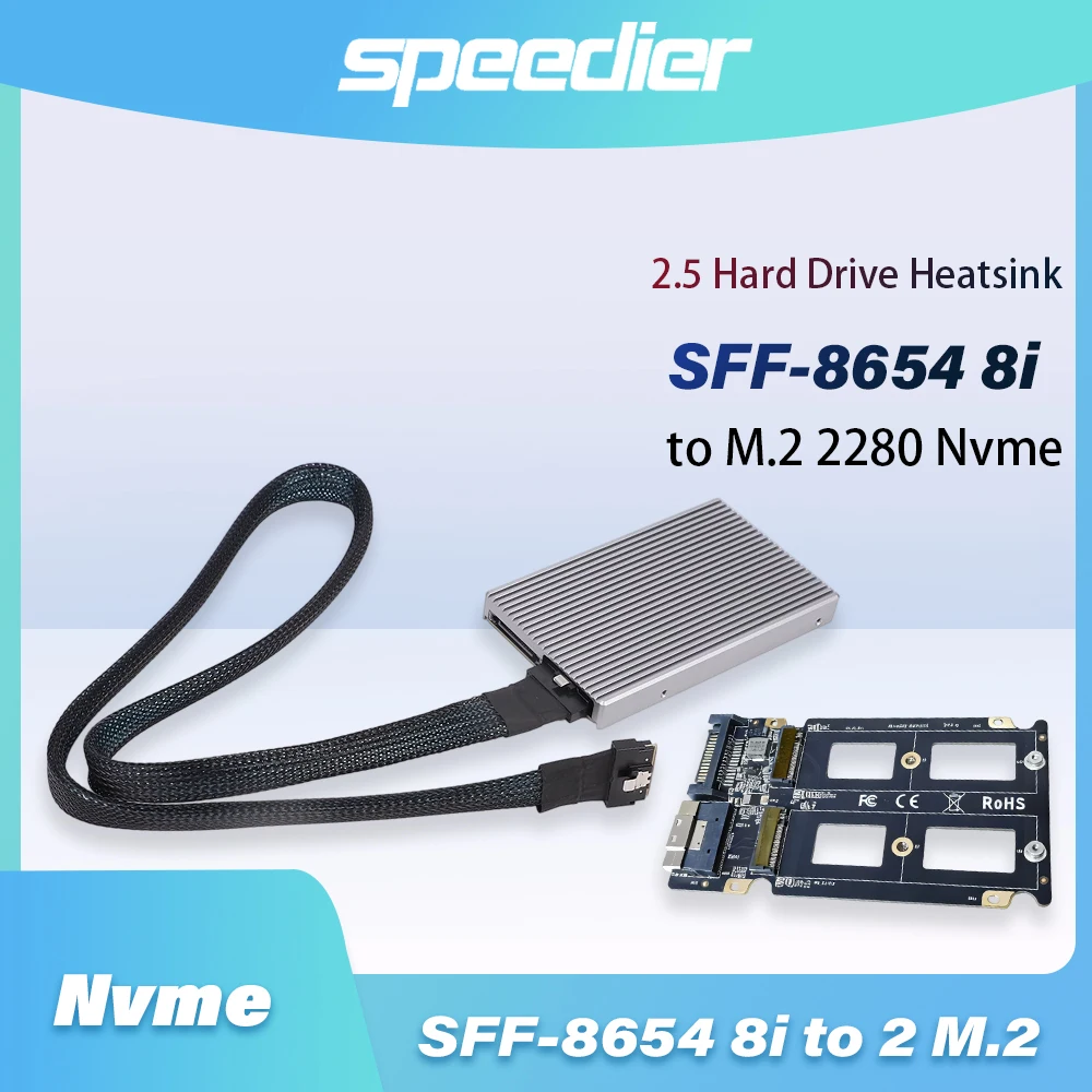 

New External Graphics Card SFF-8654 8i To 2 M.2 2280 Nvme Adapter Boards Motherboard + 2.5 HDD Heatsink + 8654 A-B Cable 75cm
