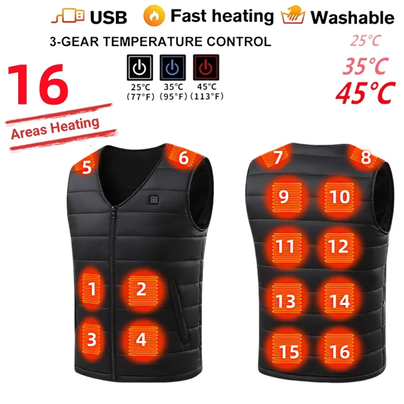 16 Areas V Neck Heated Vest Usb Smart Thermal Vest Men Women Self Heating Sleeveless Coat Winter Thermal Down Cotton Jacket 7xl