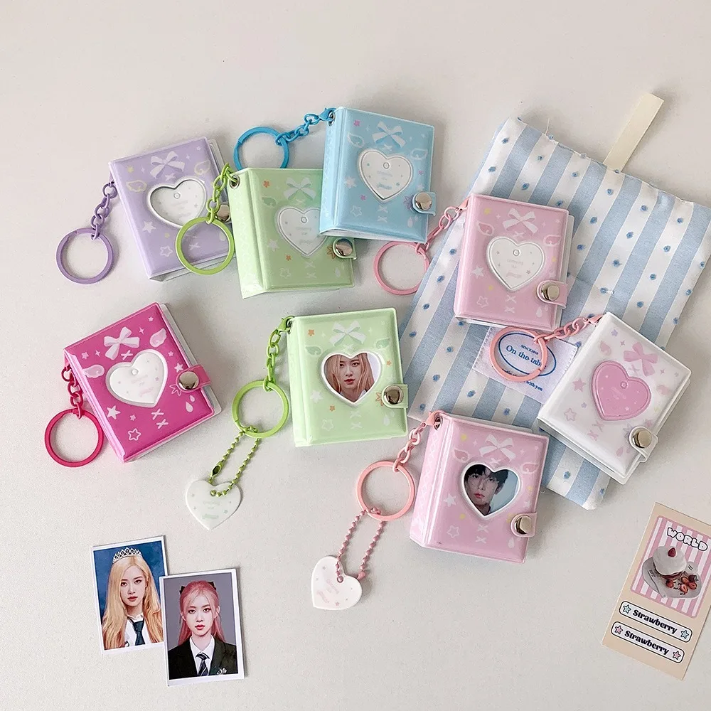 Cute Bow Photo Album Keychain Snap Closure Mini Photocards Holder Card Storage Album