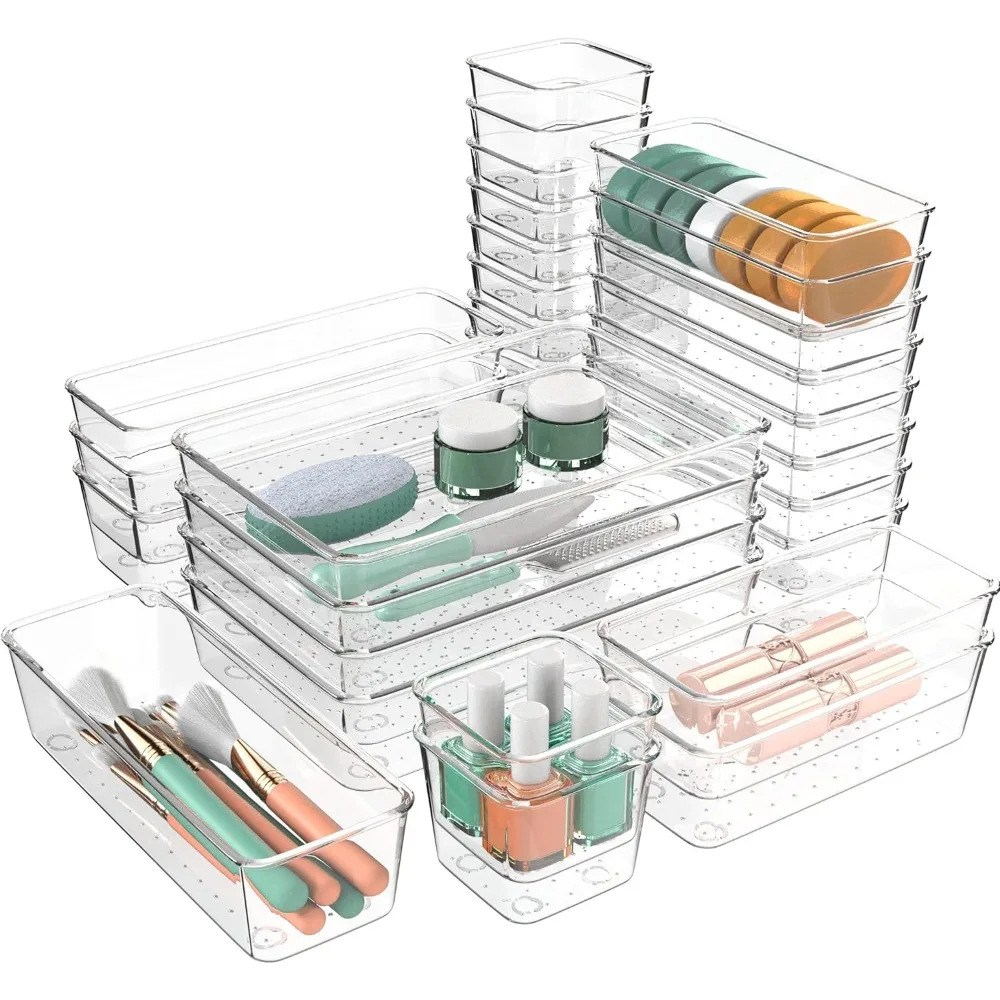 72 PCS Clear Plastic Drawer Organizers Set, 4 Sizes Clear Drawer Organizers & storage Bins for Makeup/Jewelry Vanity, Kitchen