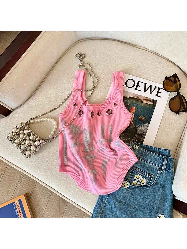 Summer Women Dark Academia Knit Tank Top Japanese Y2k Fashion Crop Tops Coquette Vest 2000s Gyaru Hot Sexy Stretch Grunge Punk