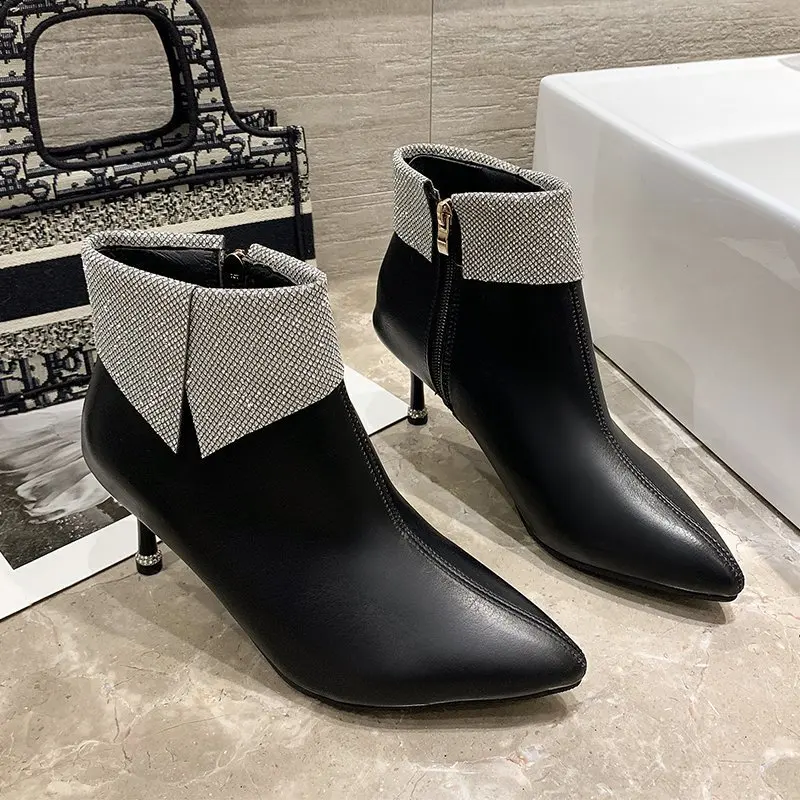 2024 Elegant Black Soft Leather Women's High Heels Ankle Boots Crystal Cuffed Pointed Toe Winter Keep Warm Short Booties Ladies