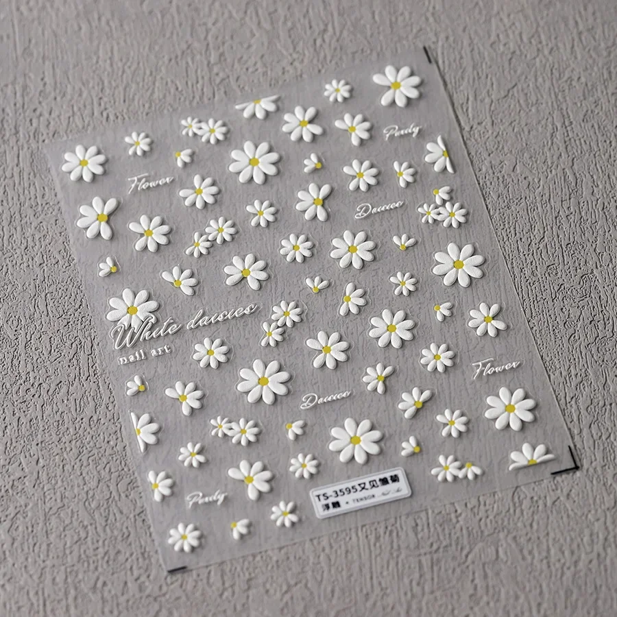 Witte Madeliefjes Bloemen Groene Zachte Reliëfs Zelfklevende Nail Art Decoratie Sticker Kleurrijke Lente 3d Manicure Diy Stickers