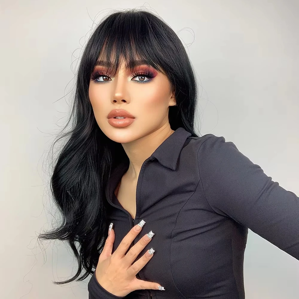 باروكة صناعية سوداء مع موجات كبيرة لحفلات الهالوين، والزي اليومي، والشعر المستعار للعطلات، وإكسسوارات الشعر ذات درجة الحرارة العالية #3