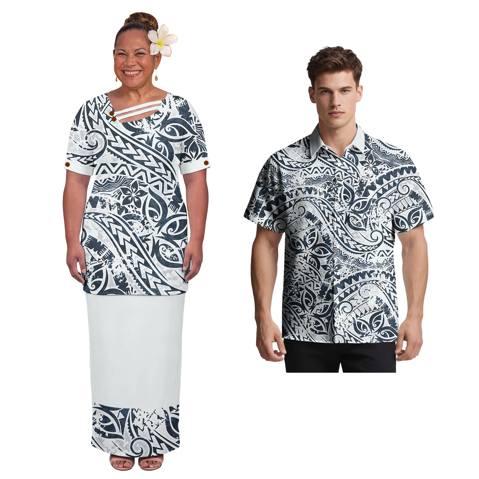 New Custom Pattern Puletasi Polynesian Pacific Island Buttoned Top Elegant Beach Party Dress For  Women Couple Outfits