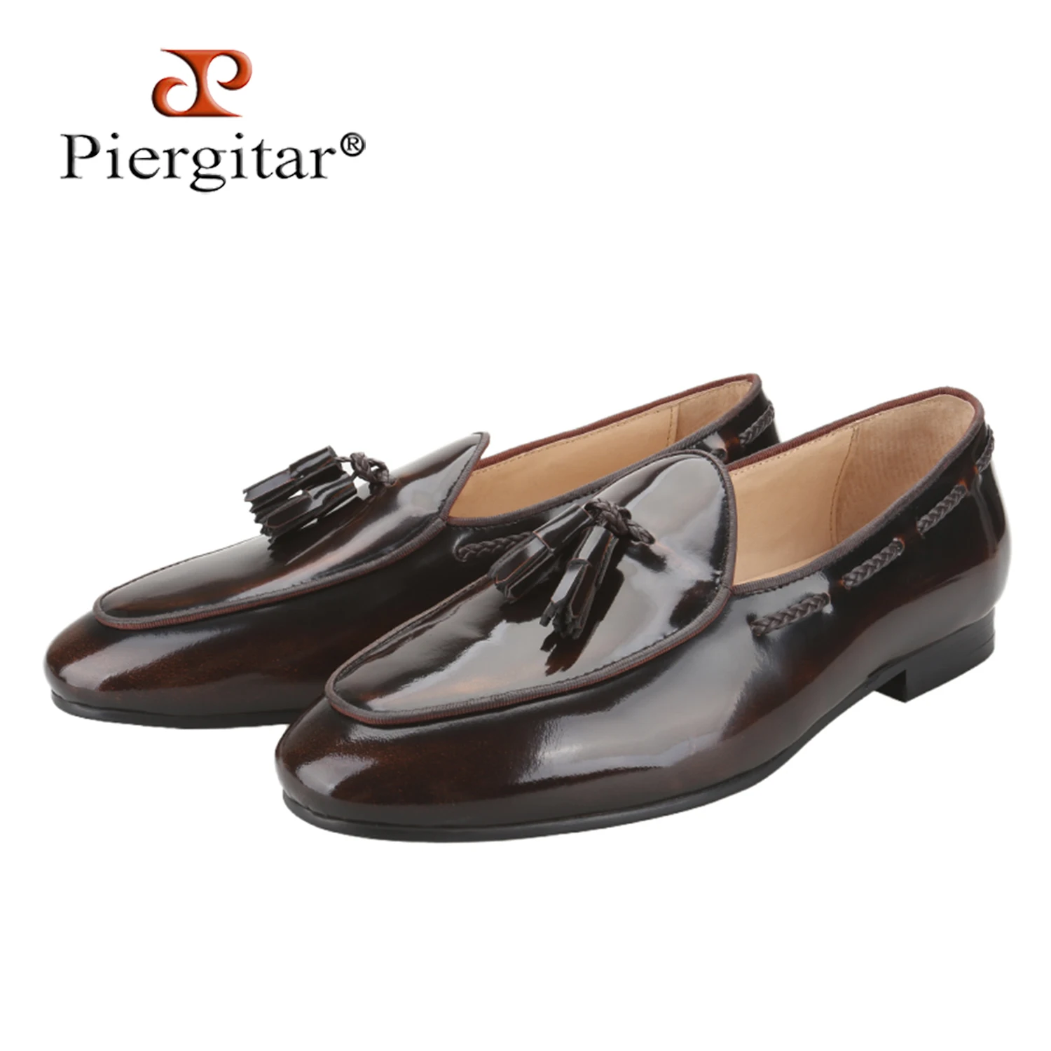 Piergitar Dark Brown Hand-Polished Calfskin Belgian Loafers With Matching Tassels Italy Design Handcrafted Slip-On Slippers