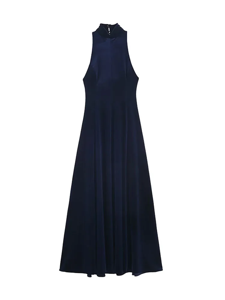 

HH Woman Spring Party Sexy Backless Sleeveless Button Decoration Solid Color Halter Collar Long Skirt Female Elegant Long Skirt