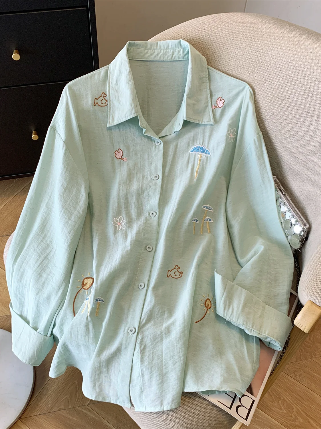 Sun Protection Embroidered Linen irt Heavyweight Loose Fit Summer 2025 Faion Set with ort Pants Long Sve  Collar