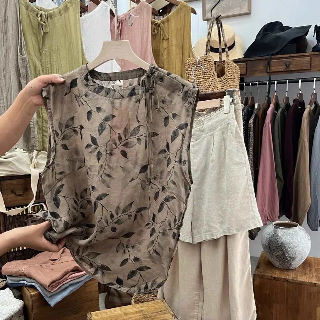 Retro Chinese Sle Floral Print Linen Vest Top Svel round Ne Summer irt Women's Loose Fit Commute Faion Thin Model