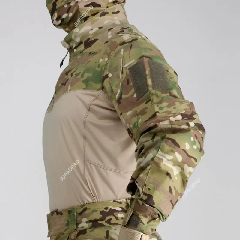 Camisa de combate tática camuflada para homens, algodão stretch, uniforme com zíper, manga comprida, camiseta camuflada, respirável e resistente ao desgaste