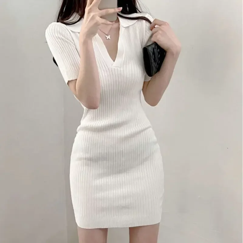 

Summer Short Sleeve Dress Women Slim Knitting Female Clothes Streetwear Vacation Casual Soft Sweet Sexy Korea Fashion Dress 2024