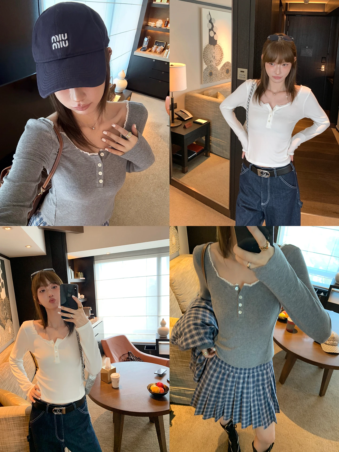 

Футболка Slim Fit Long Sve с шерстяным лиоцеллом и кружевным подолом Генри Воротник Универсальный базовый слой Корейский Sle Commute Pure Color Woo...