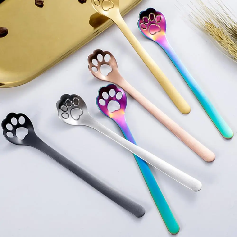 Tea Spoon Long Handle Cat Paw Claw Coffee Spoon Stainless Steel Ice Cream Dessert Spoon Kitchen Milk Mixing Spoon Tableware