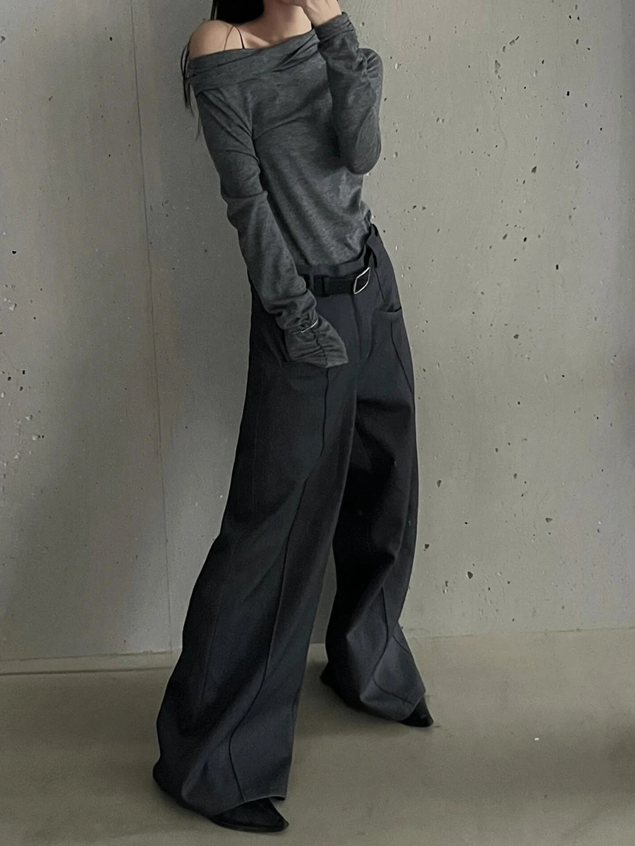 PBAP خمر جيوب المرقعة دعوى بنطلون المرأة عادي فضفاض مطوي واسعة الساق عالية الخصر ثنيات السراويل مكتب ملابس كاجوال #2