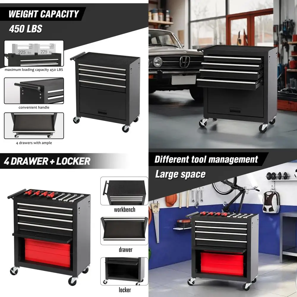 

4-Drawer Steel Tool Chest in Black for Garage and Workshop Storage with Smooth Drawers