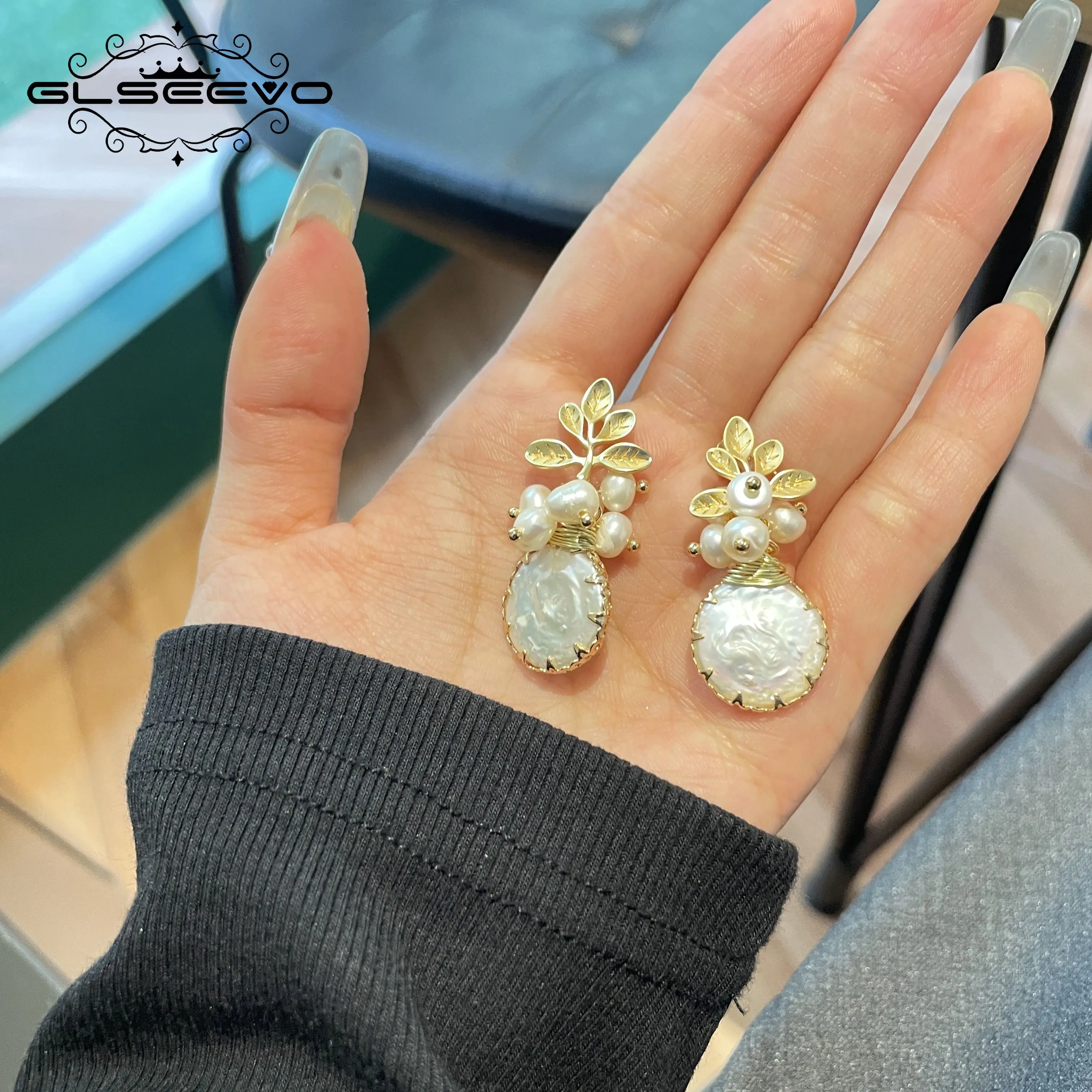 GLSEEVO Natural Fresh Water Big Baroque Pearl Earrings Women Plant Leaves Dangle Earrings Luxury Handmade Fine Jewelry GE0308