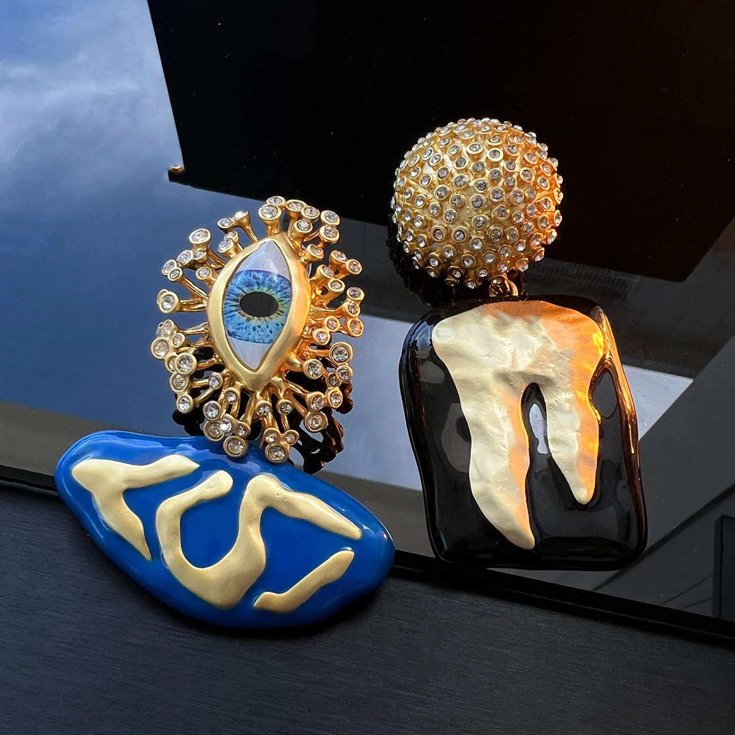 Avant-Garde Asymmetric Evil Eye & Tooth Drop Earrings Drip Glaze Real Gold Plated Designer Statement Necklace Banquet Accessory