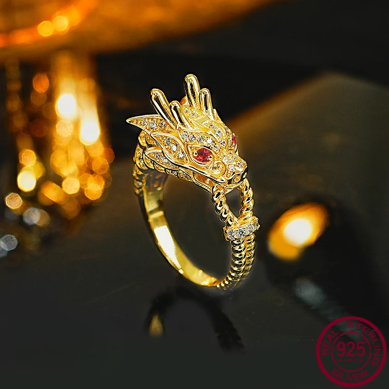 Medieval Style Personalized Dragon Head 925 Silver Zodiac Ring Inlaid with High Carbon Diamond Retro Domineering Wedding Jewelry