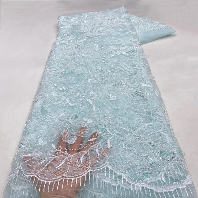 Nigerian Handmade Embroidery Beaded Lace Fabric, African Sequins Tulle Mesh Lace Fabric For Bridal Wedding Dress Sewing Material 3