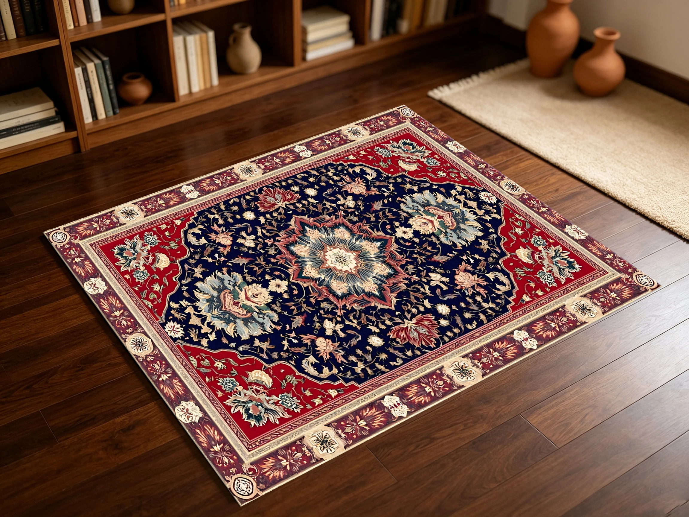 2D Persian Symmetrical Floral Pattern Rug, Retro Ethnic Style, Suitable for Living Room and Bedroom, One-Click Refresh for Autumn and Winter Decoration