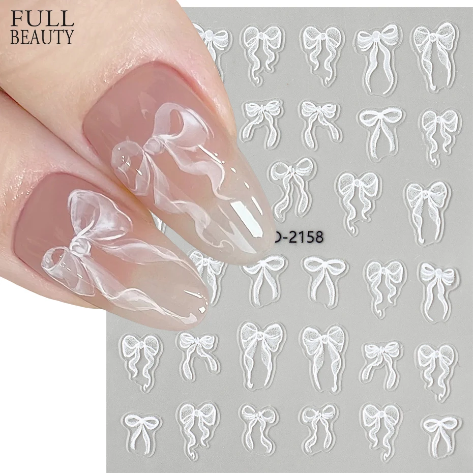 White Bow Nail Art Stickers Bowknot Wedding Designs Self-Adhesive Acrylic Decals 3D Nail Art Sliders Charms Decorations Manicure