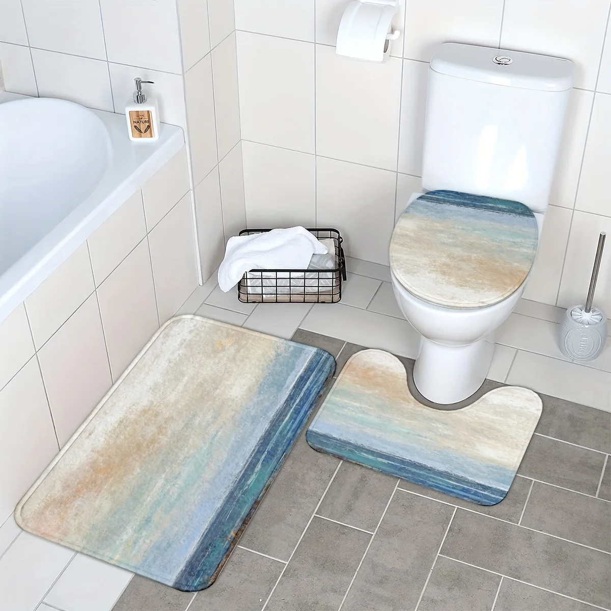 

3pc Abstract seascape pattern bathroom set, U-shaped mat, non-slip mat, toilet seat mat, suitable for bathroom decoration