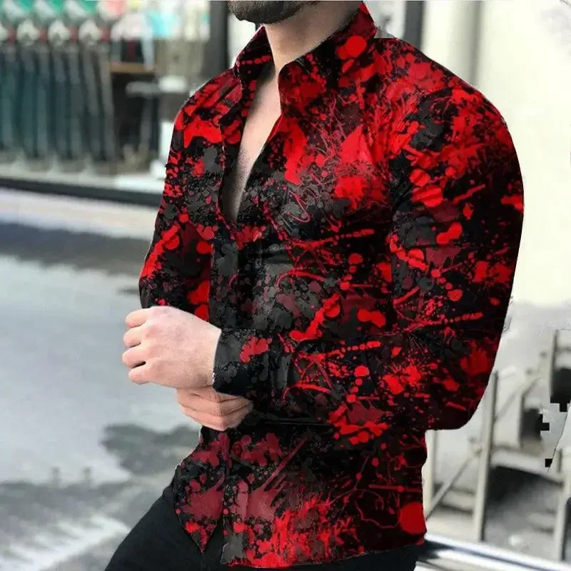 Spring Autumn Men\'s Luxury Comfortable Social Club Prom Bar Fashion Shirts Printed Lapel Designer Slim Long Sleeves