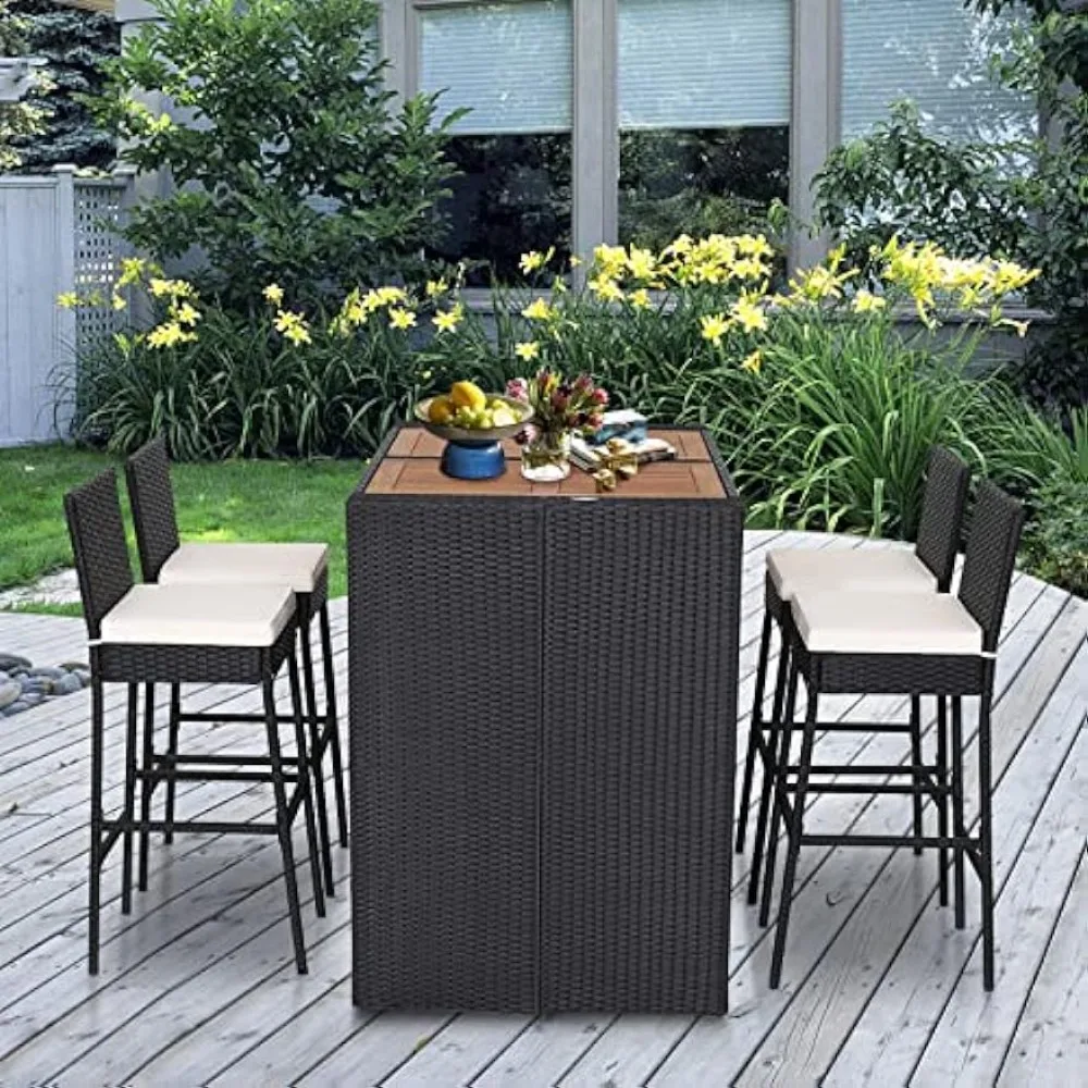 

5 Piece Patio Dining Set, Outdoor Acacia Wood Bar Height Table & 4 Rattan Bar Stool Chairs, Outdoor Patio Furniture Dining Set