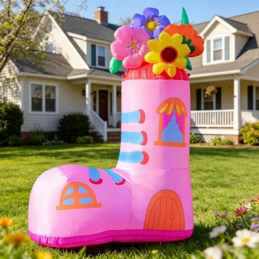 

6FT Summer Inflatable Flower Outdoor Decoration and Pink Rain Boots, Blow Up Summer Gift Decoration, Built-in LEDs for Holiday