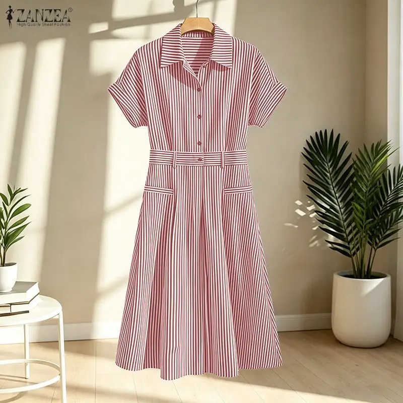 Stilvolles gestreiftes Kleid 2026 ZANZEA Damen Sommer-Sonnenkleid Elegantes Reverskragen-Kurzarm-Arbeitskleid Lässiges Knopfleisten-Midikleid