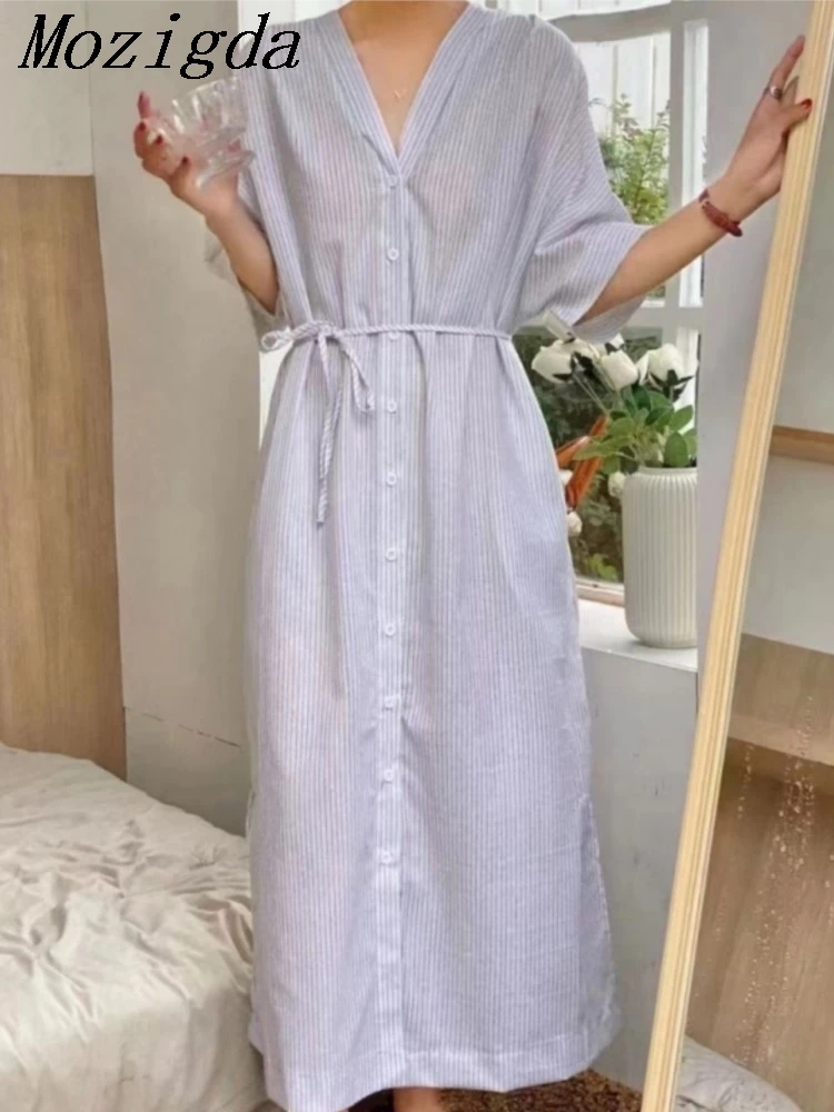 Zomer vintage gestreept linnen shirt vrouwen jurk nieuwe korte mouw casual losse enkele rij knopen v-hals dames jurk vestidos