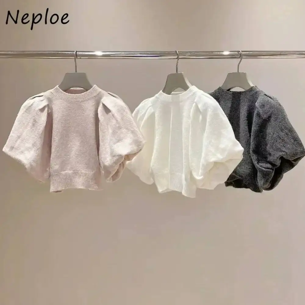 기질 O 넥 퍼프 슬리브 스위트 점퍼 올 매치 니트 캐주얼 패치 워크 풀오버 일본 모다 솔리드 우아한 니트