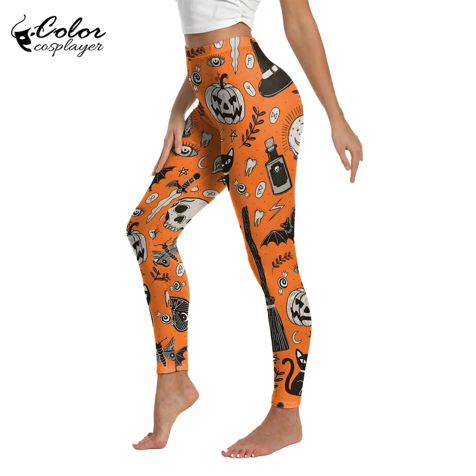 Color Cosplayer Orange Legging for Women Skinny Pants Bat Pumpkin Patternparty Trousers Halloween Carnival Cosplay Costume