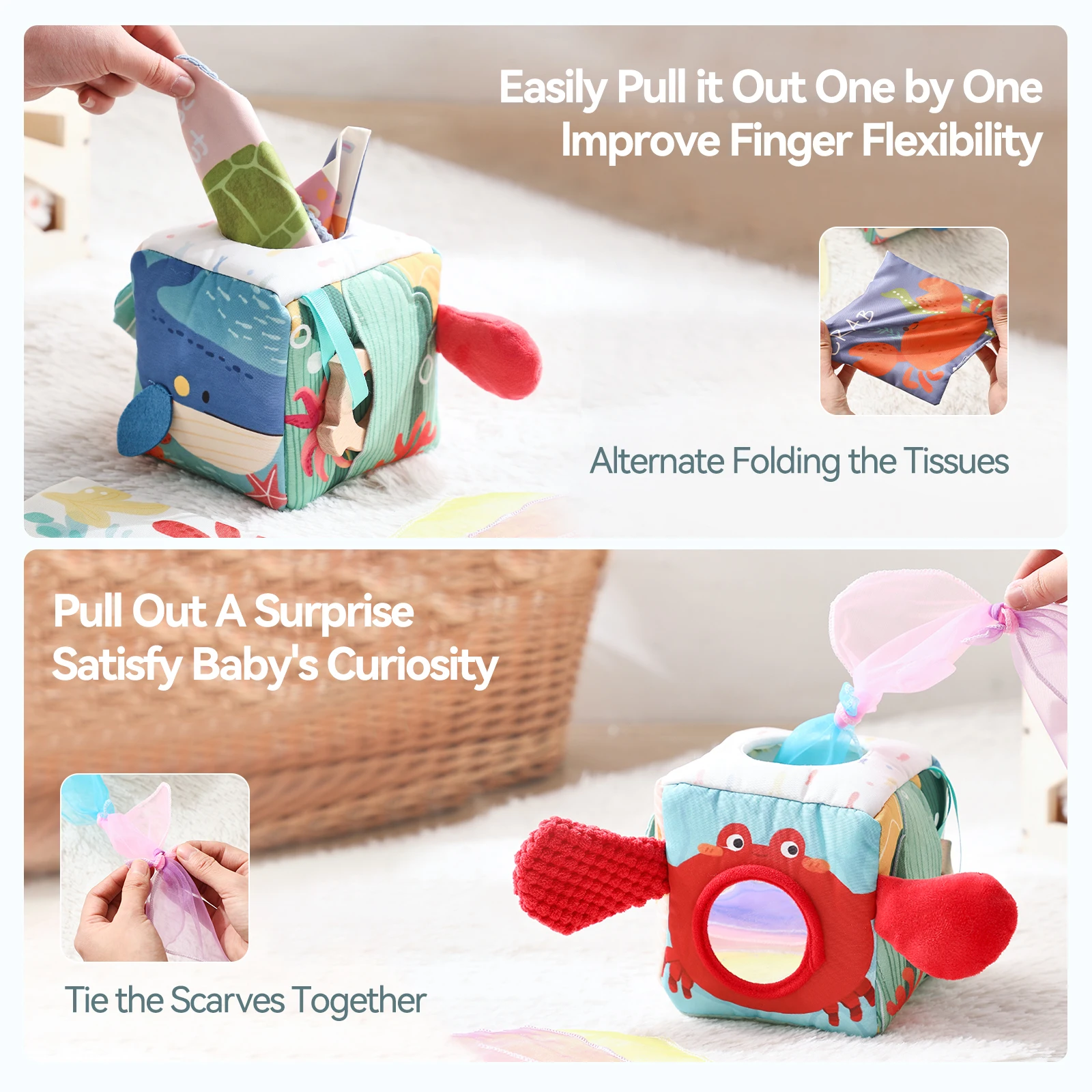 Baby Montessori Toys cotton Magic Tissue Box Finger Exercising Busy Board Game Educational Toy Soft Rattle Game Ocean Cloth Book