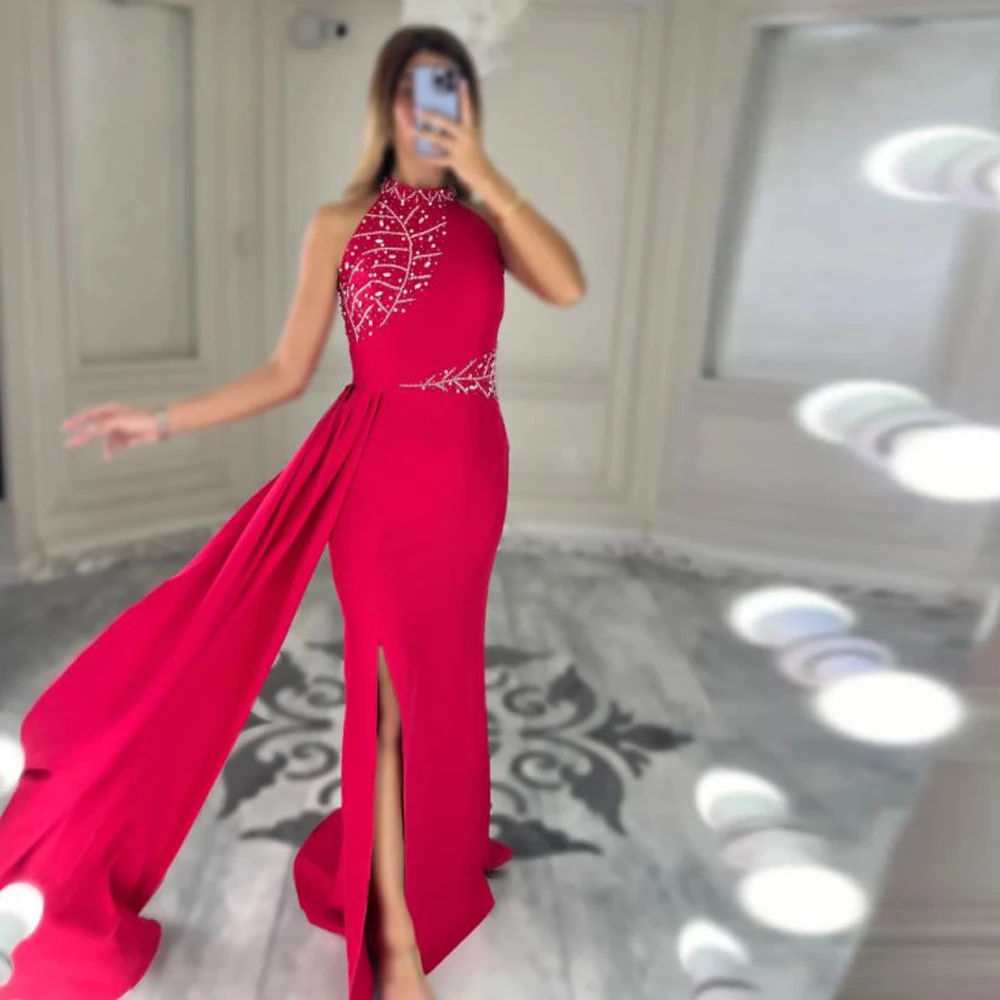 

Customized Halter Mermaid Evening Dresses 2025 Bead Side Split Formal Occasion Dress with Overskirt Satin Long Birthday Gown