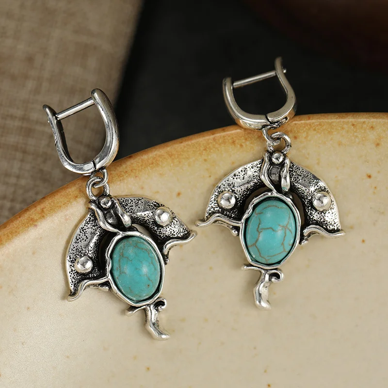 Vintage Pendant Earrings For Women Bohemian Ethnic Silver Plated Ear Buckle Accessory Inlay Turquoise Exotic Style Earrings