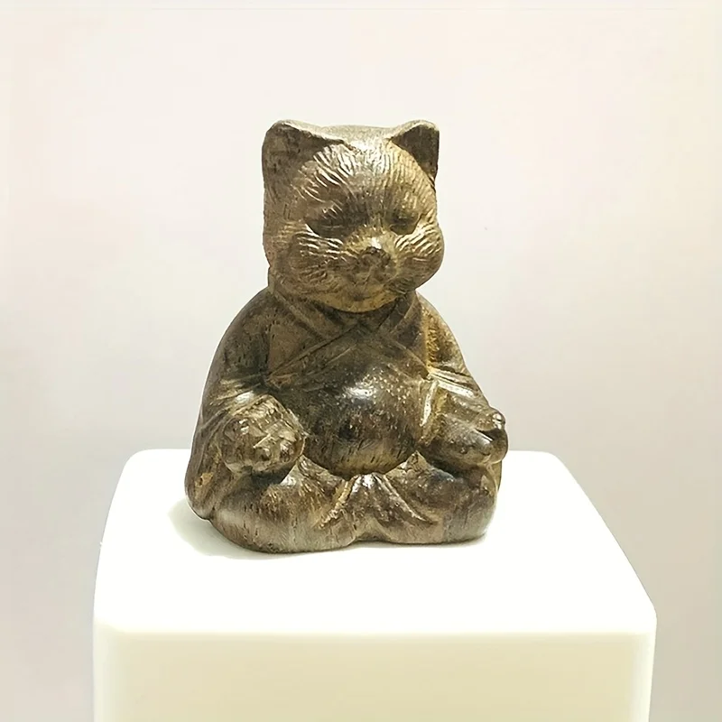 Wood Carved Meditation Cat Ornament Christmas Easter Gift Natural Texture Desktop Decoration Study Hallway Display Carved Guardian Artwork Home Auspicious Craft