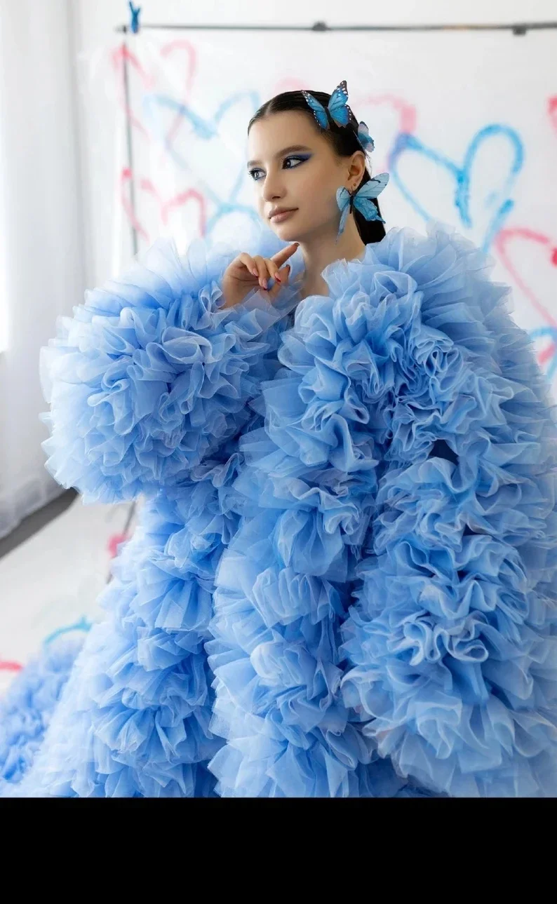 Sky Blue Fluffy Tiered Tulle Long Women Jacket Lush And Long Full Sleeves Cape Vest Outfit Female Outwear Coat