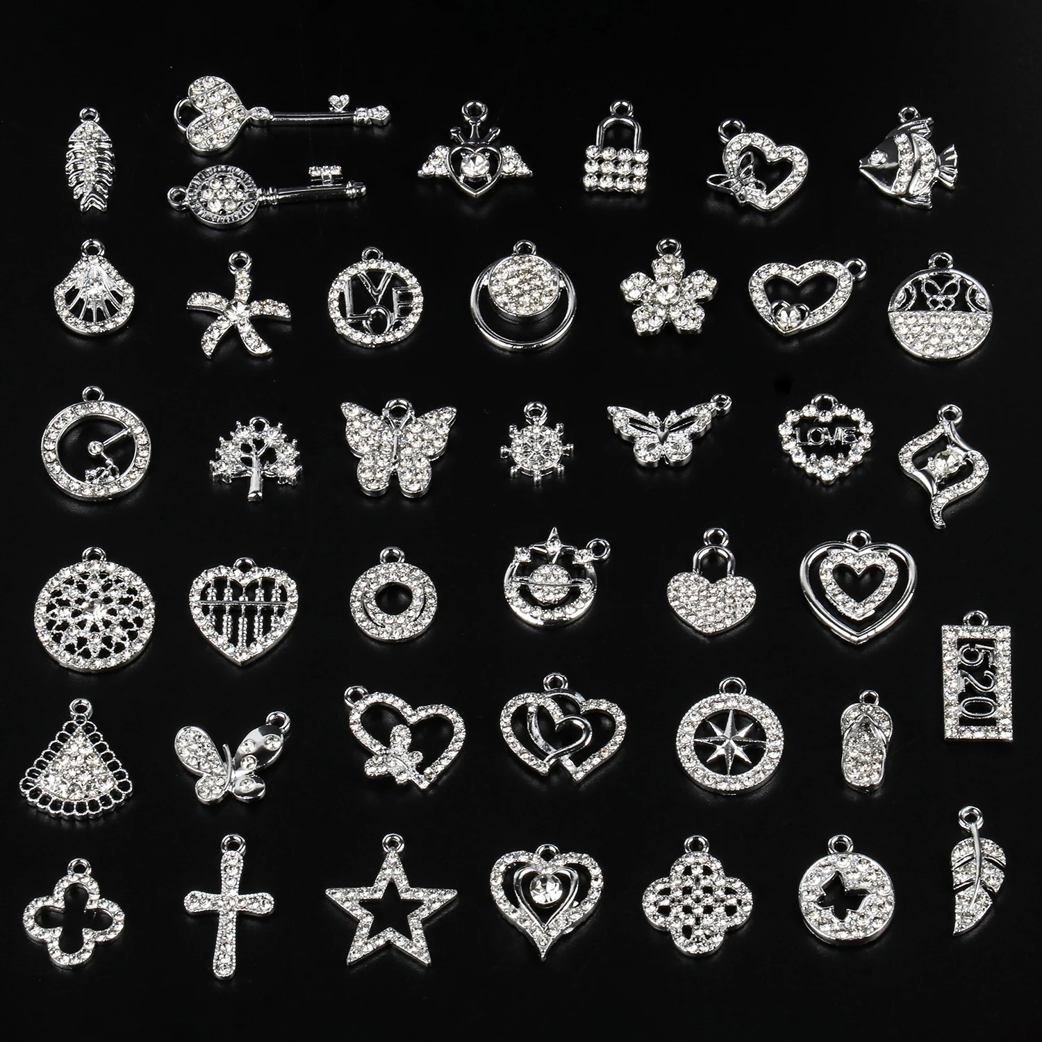 5pcs/lot Silver Color Love Heart Cross Round Shell Rhinestone Alloy Charms For Jewelry Making DIY Earrings Pendants Accessories
