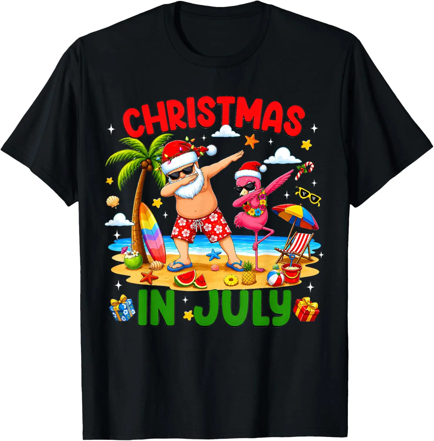 In July Santa Flamingo Dabbing Summer Vacation T-Shirt 100% Cotton Trendy Y2K Short-Sleeve Tee-Soft, Quick-Drying,