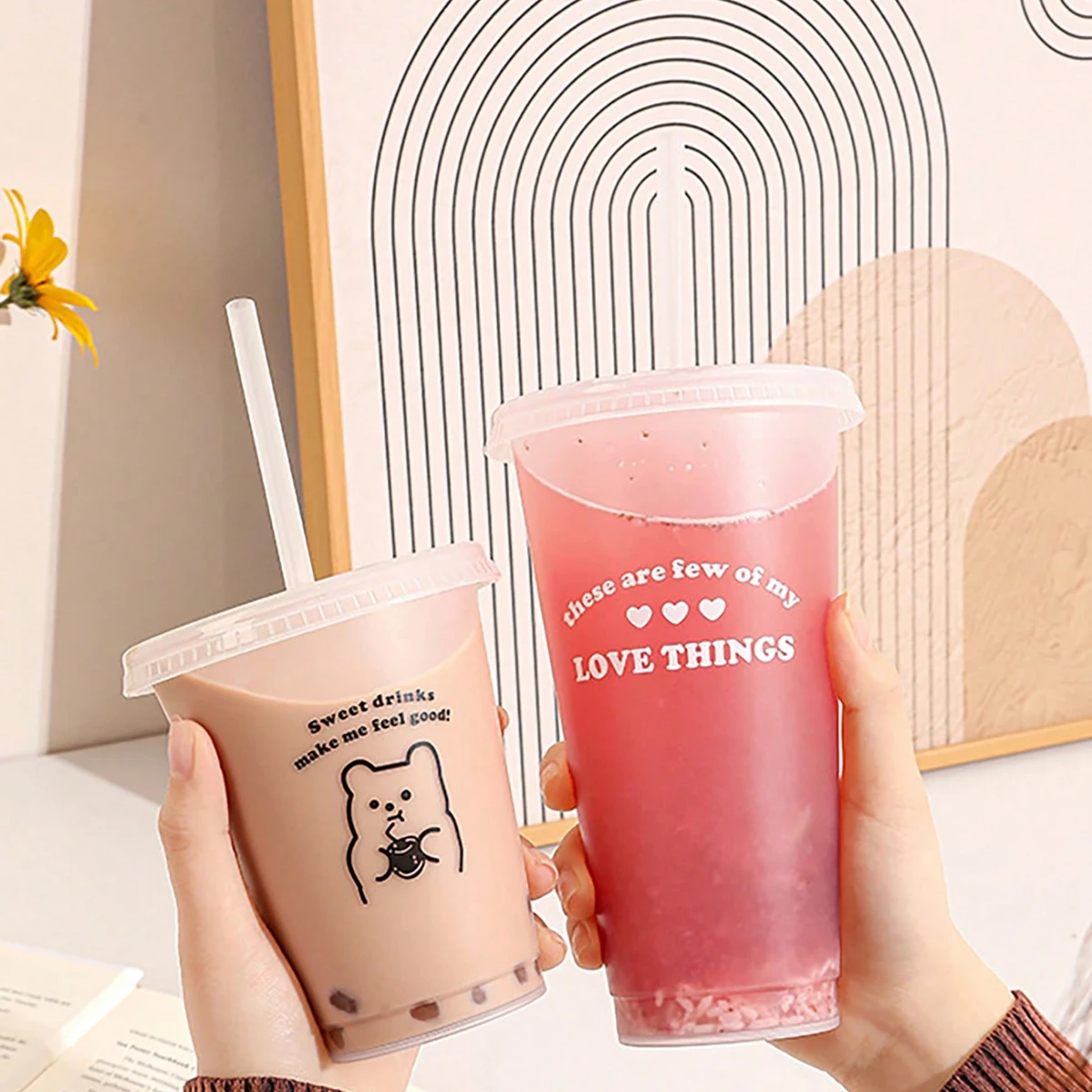 1pc Milch tee Tasse gefrostet transparent pp Cartoon Kunststoff Stroh Tasse ein schicht ige transparente Kunststoff Kaffee Stroh Tasse