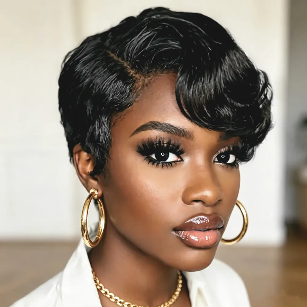 

gift human hair wig daily darty cospaly use wig pixie wig 13x1 T lace 6inch black color 150% density pixie cut wig human hair