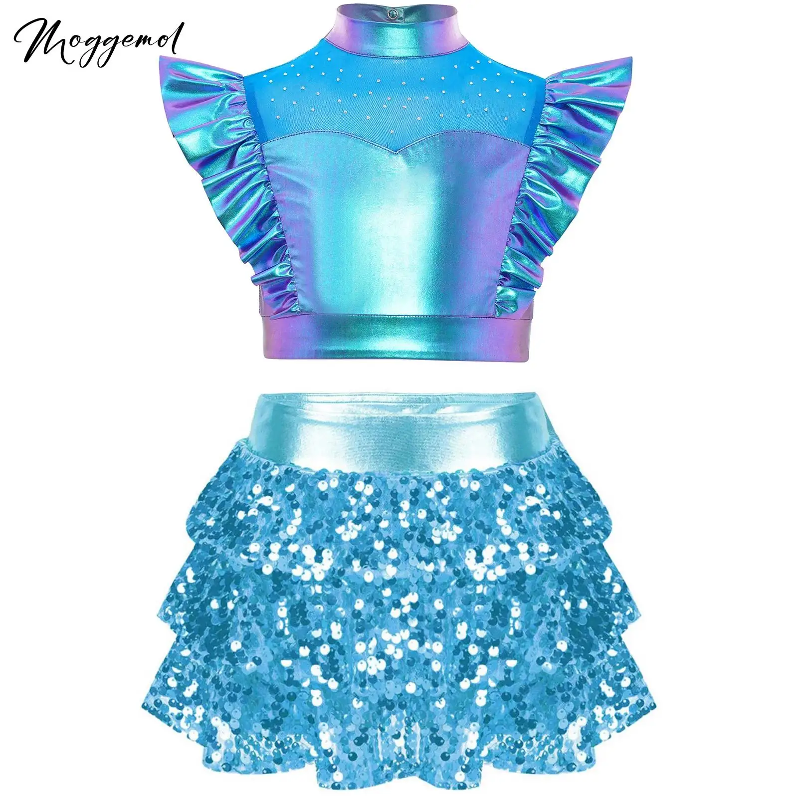 Tenue de danse de rue latine Jazz pour filles, haut court en maille à volants métalliques avec paillettes brillantes, jupe-culotte à volants à plusieurs niveaux