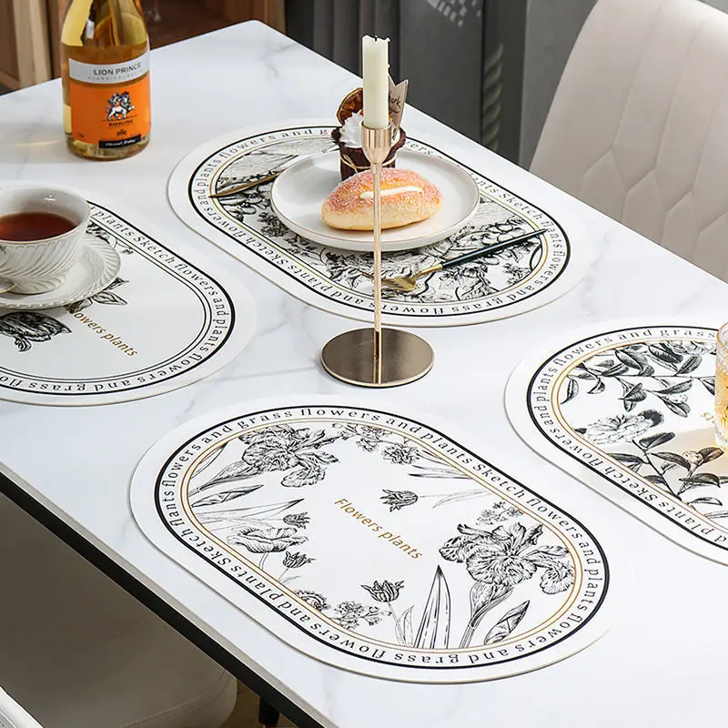 Nordic Leather Placemat Black and White Floral Pattern Waterproof Oilproof Heat Resistant Plate Bowl Mat Dinning Table Decor