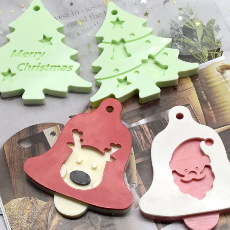 Christmas Bell Shape Pendant Silicone Mould Santa Elk Xmas Tree Epoxy Resin Molds DIY Hanging Tags Jewelry Making Supplies