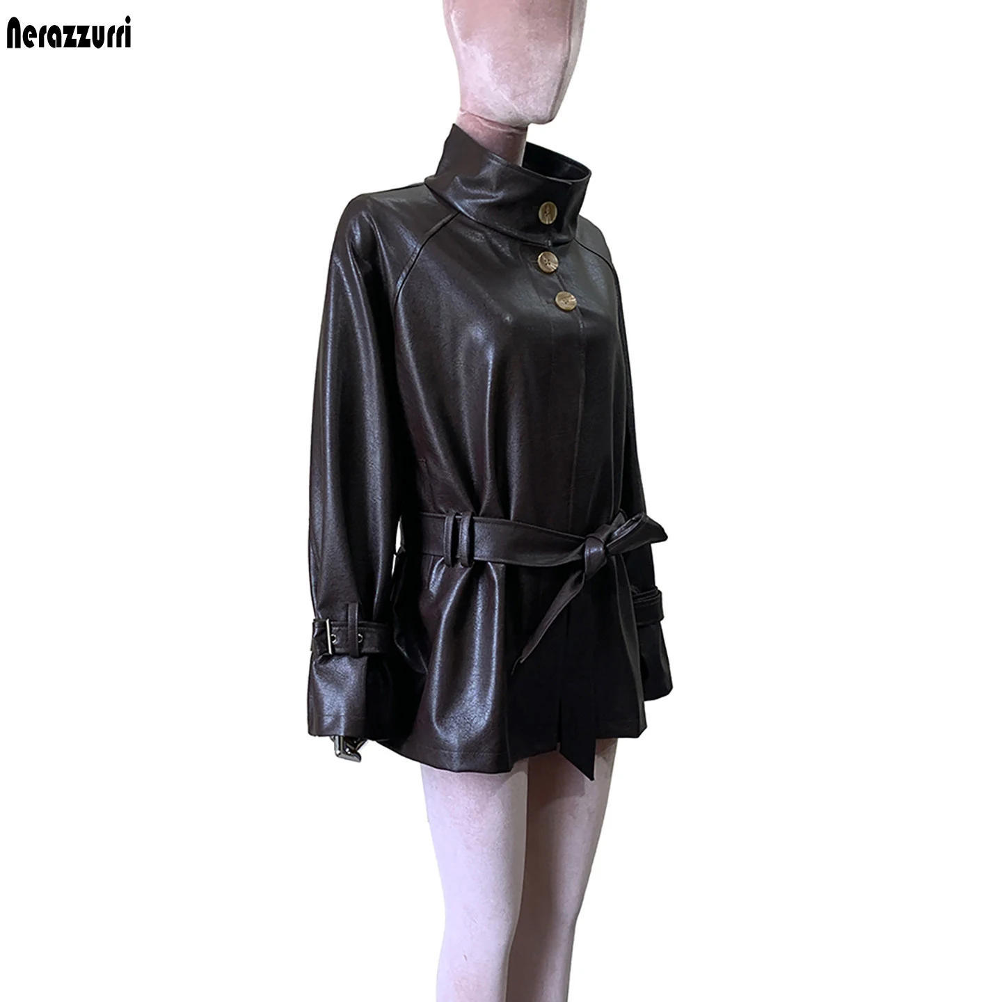 Nerazzurri Autumn Oversized Brown Faux Leather Jacket Women Sashes Raglan Sleeve Button Up Loose Casual Korean Fashion Clothes